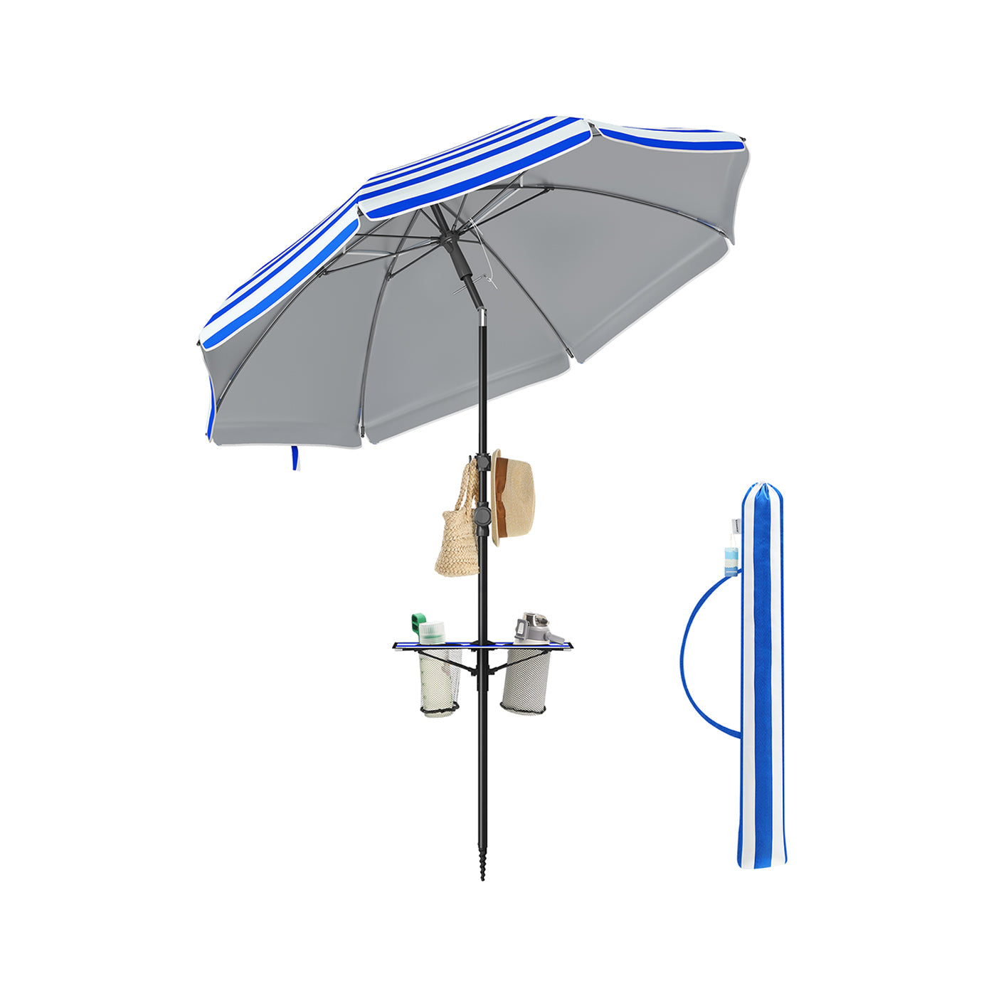 Garden Parasol – Fabric – Blue and White – UPF 50+ Sun Protection, 30° Double-Side Tilt, Adjustable Height