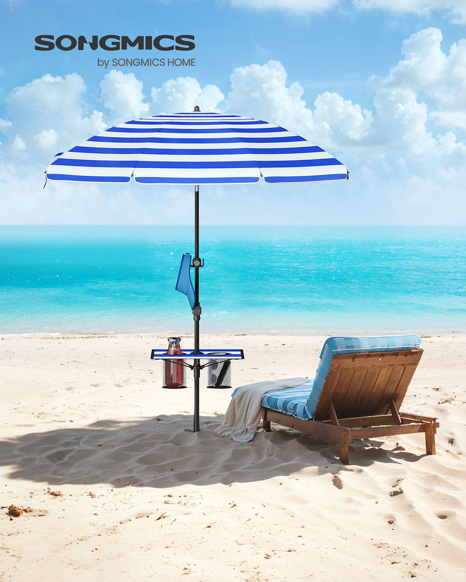 Garden Parasol – Fabric – Blue and White – UPF 50+ Sun Protection, 30° Double-Side Tilt, Adjustable Height