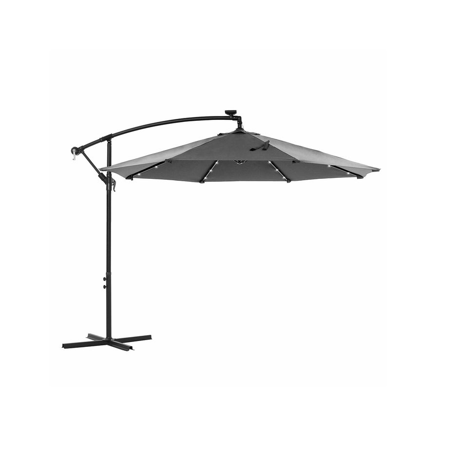 Cantilever Parasol – Fabric – Grey – Solar-Powered LED Lights, Offset Design