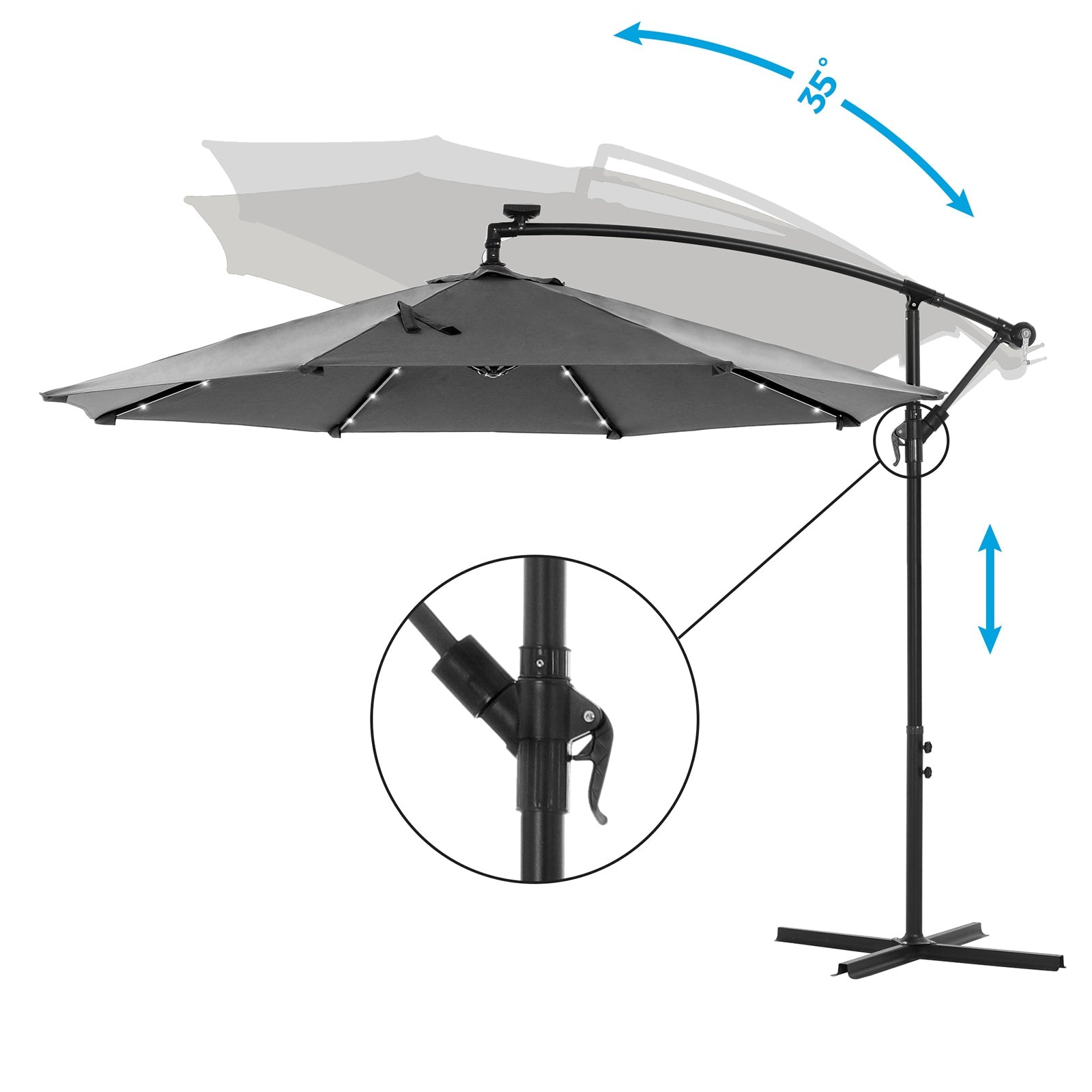 Cantilever Parasol – Fabric – Grey – Solar-Powered LED Lights, Offset Design