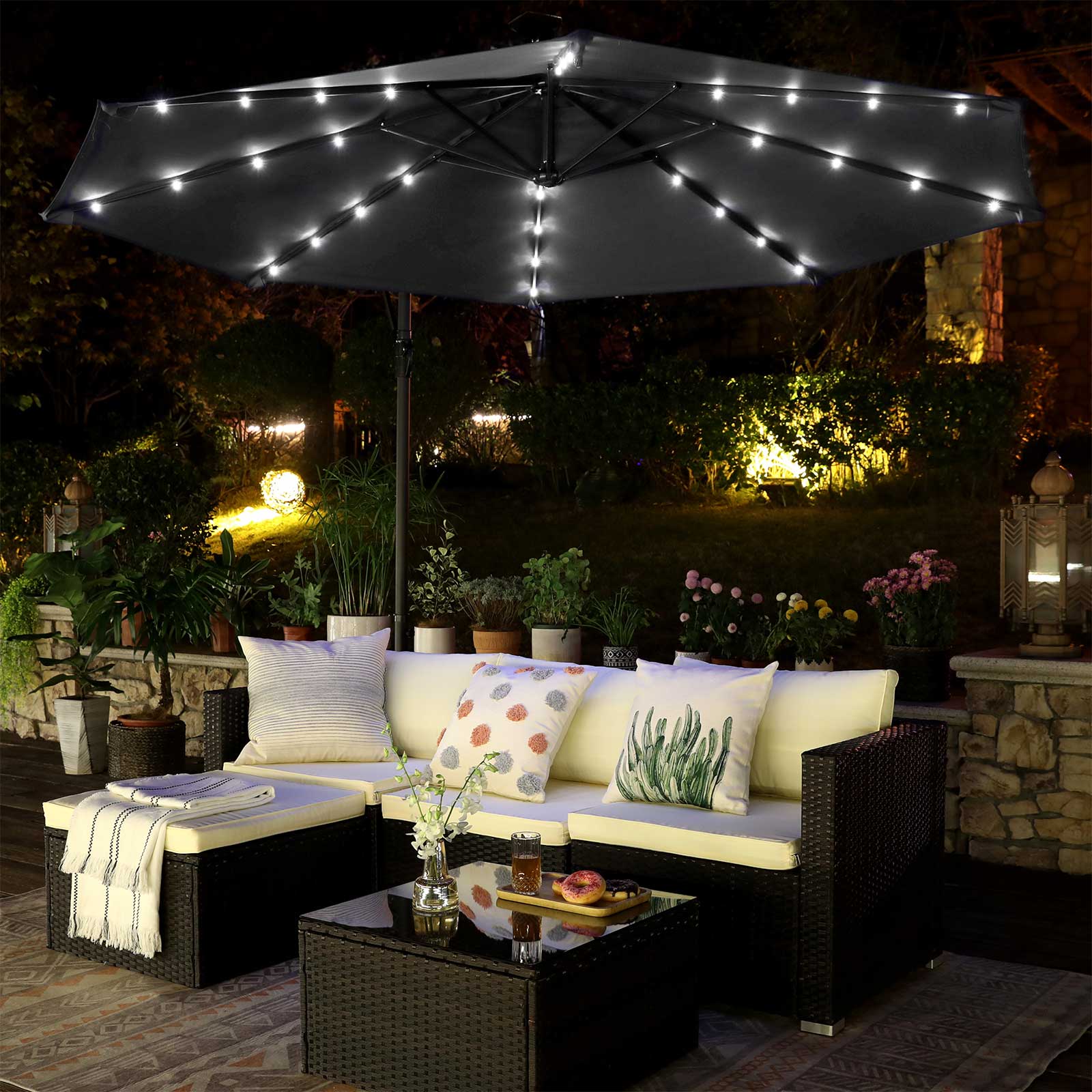 Cantilever Parasol – Fabric – Grey – Solar-Powered LED Lights, Offset Design