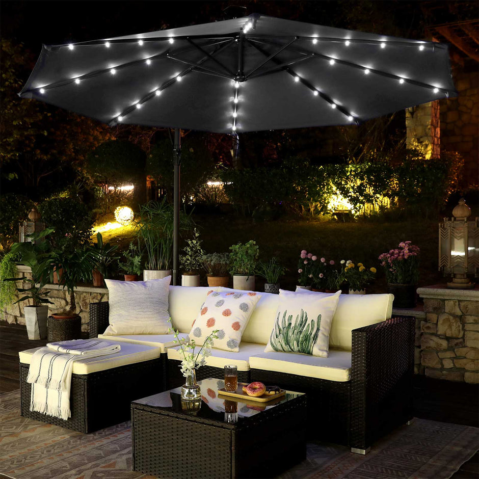 Cantilever Parasol – Fabric – Grey – Solar-Powered LED Lights, Offset Design