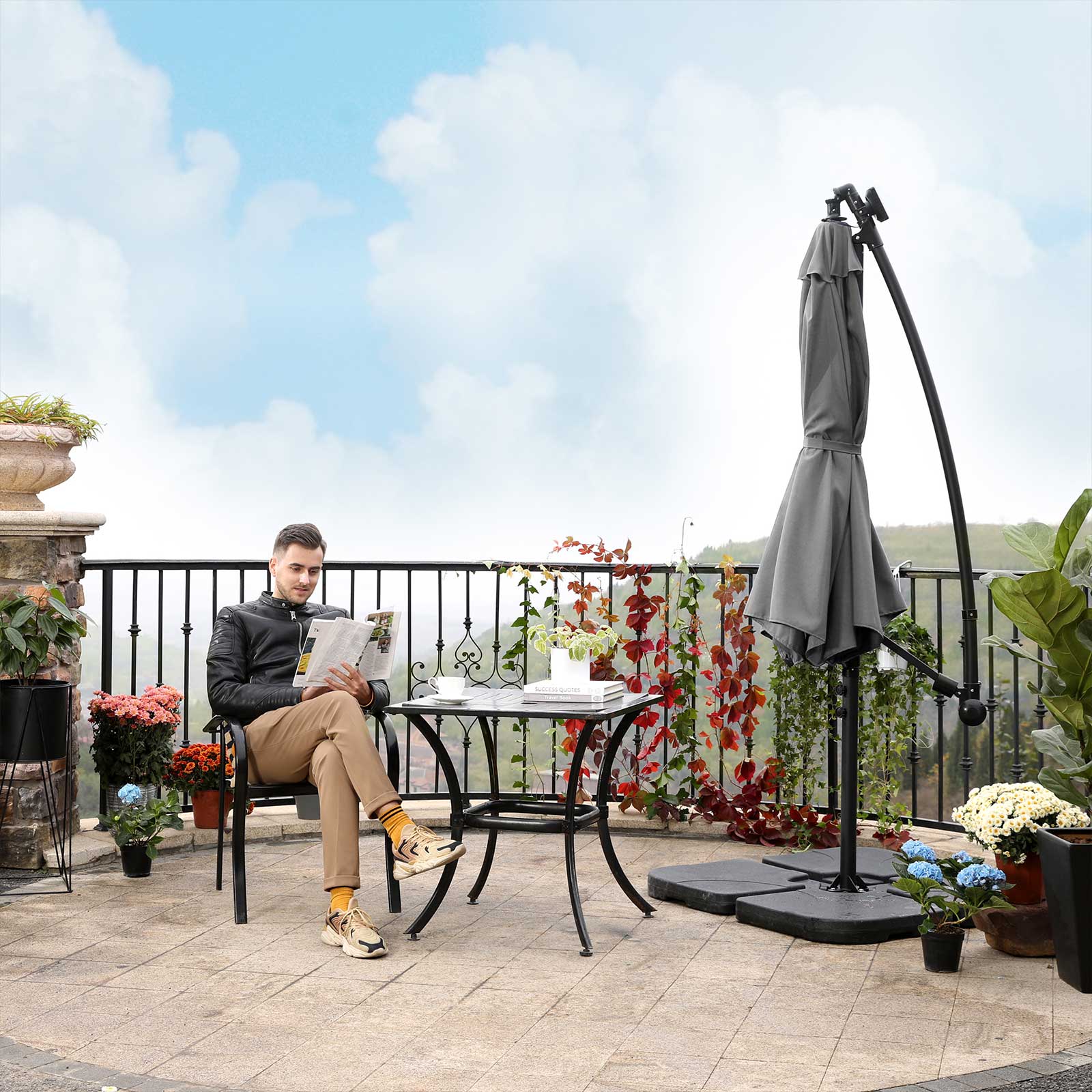 Cantilever Parasol – Fabric – Grey – Solar-Powered LED Lights, Offset Design