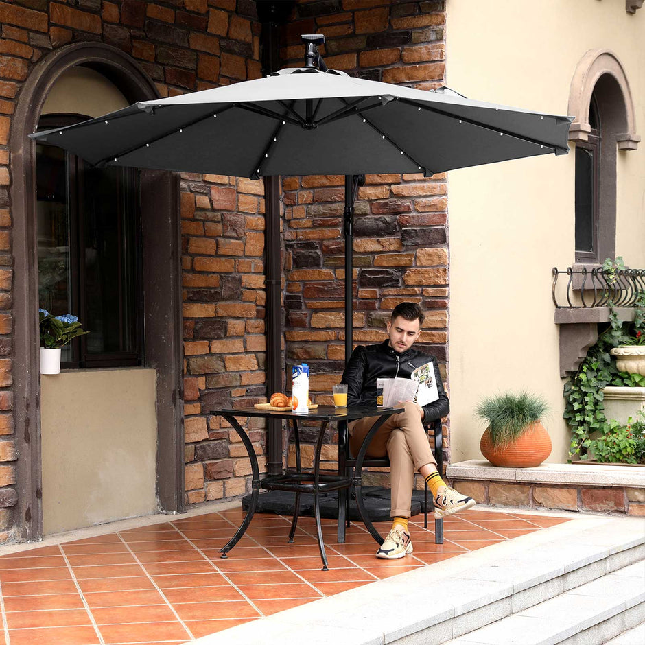 Cantilever Parasol – Fabric – Grey – Solar-Powered LED Lights, Offset Design
