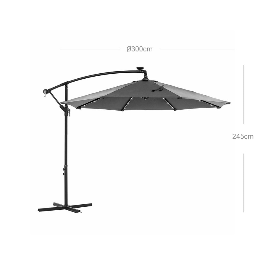 Cantilever Parasol – Fabric – Grey – Solar-Powered LED Lights, Offset Design