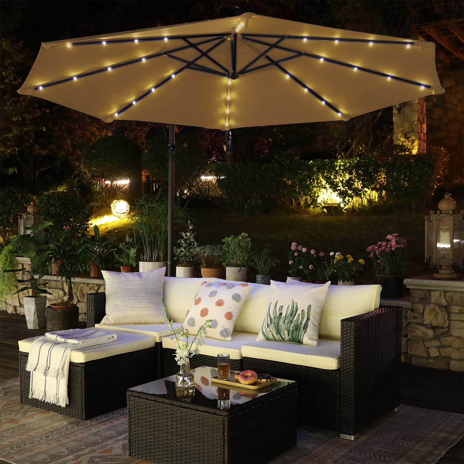 Cantilever Parasol – Fabric – Taupe – Solar-Powered LED Lights, Offset Design with Base