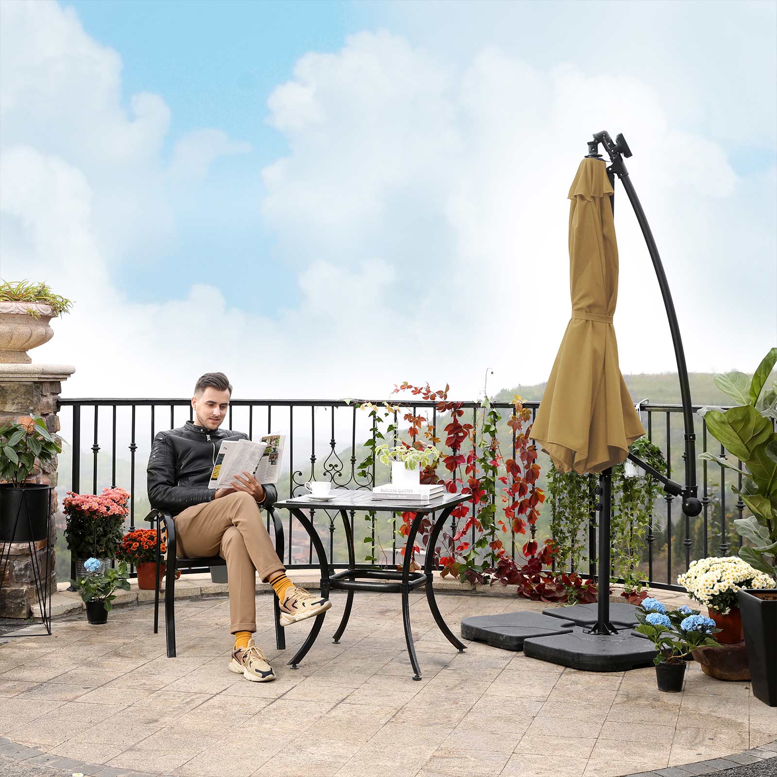 Cantilever Parasol – Fabric – Taupe – Solar-Powered LED Lights, Offset Design with Base