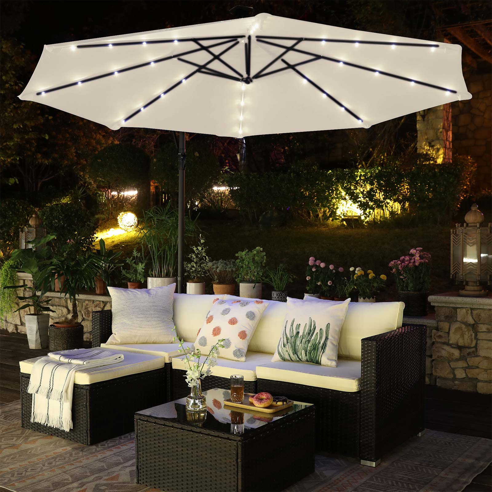 Cantilever Garden Patio Parasol – Fabric – Beige – Solar-Powered LED Lights, 3 m Offset Design