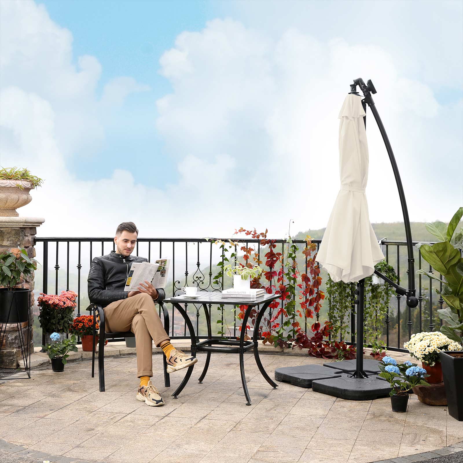Cantilever Garden Patio Parasol – Fabric – Beige – Solar-Powered LED Lights, 3 m Offset Design