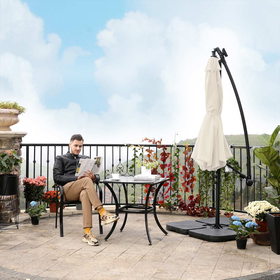 Cantilever Garden Patio Parasol – Fabric – Beige – Solar-Powered LED Lights, 3 m Offset Design