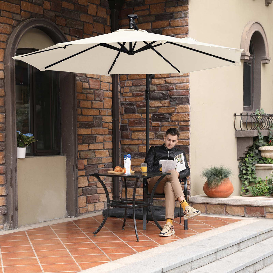 Cantilever Garden Patio Parasol – Fabric – Beige – Solar-Powered LED Lights, 3 m Offset Design