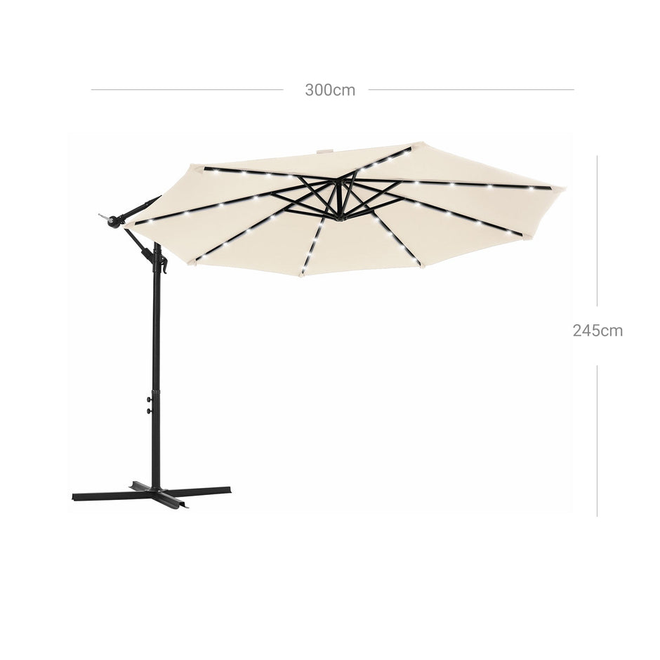Cantilever Garden Patio Parasol – Fabric – Beige – Solar-Powered LED Lights, 3 m Offset Design