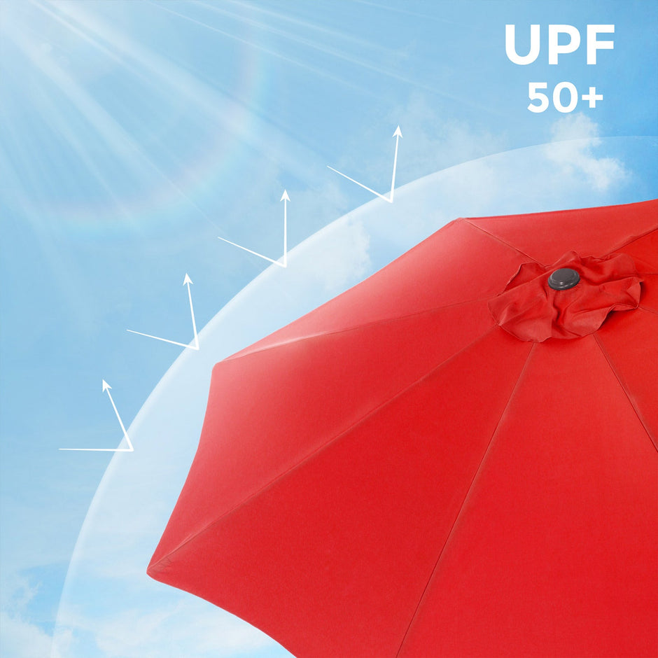 Patio Sun Umbrella – Polyester – Red – UV50+, Octagonal Canopy with Tilt and Crank Mechanism