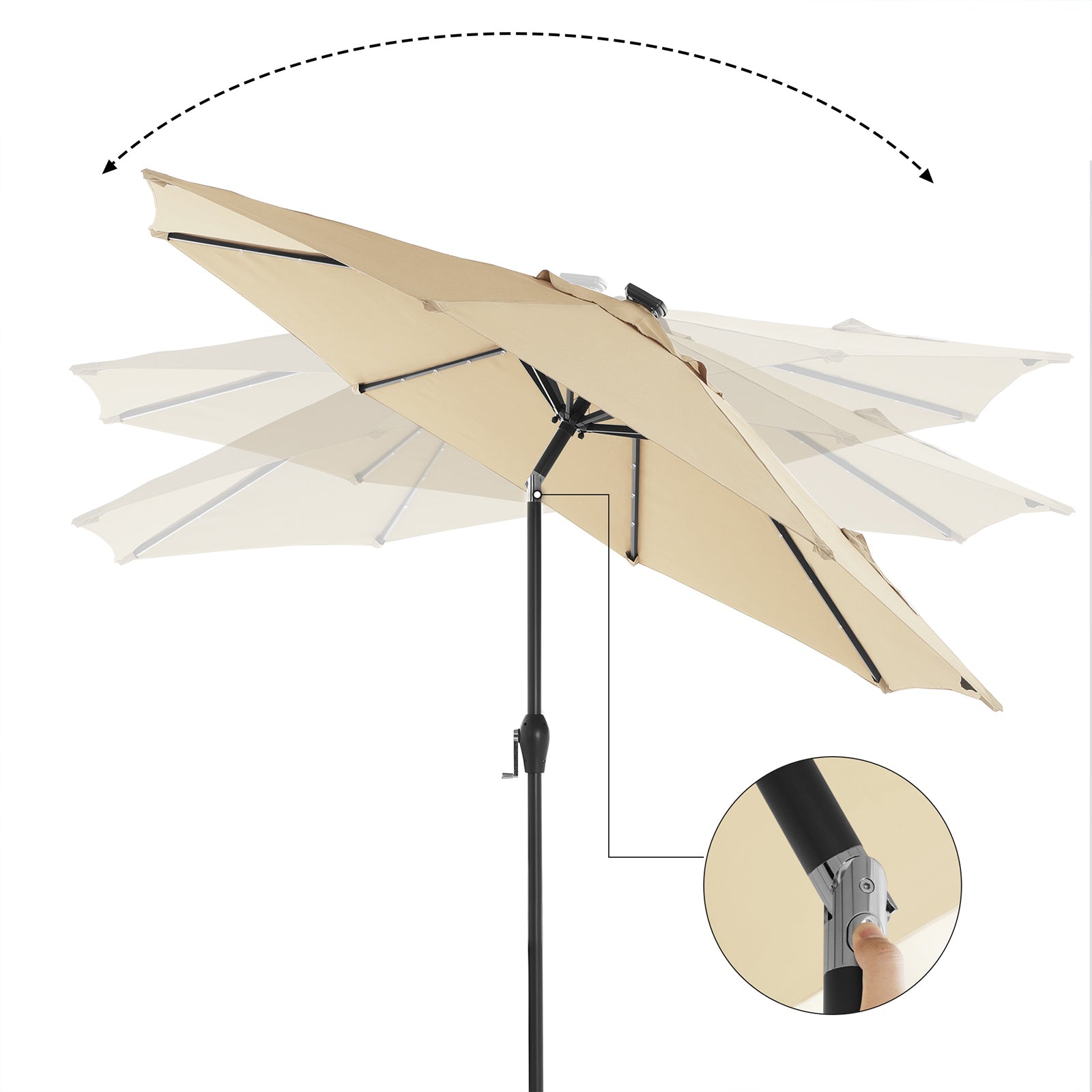 Garden Parasol Umbrella – Fabric – Beige – Solar-Powered LED Lights, UPF 50+ Protection, Tilting Mechanism