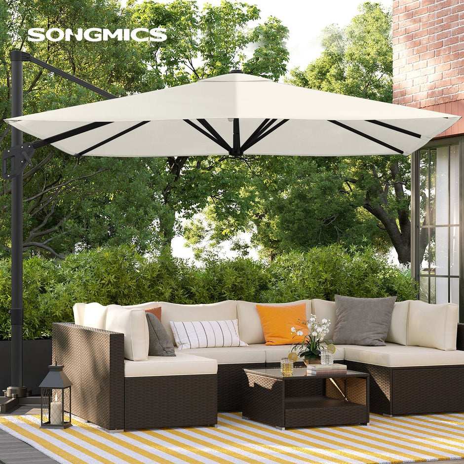 Cantilever Parasol – Fabric – Beige – 3 x 3 m, Offset Design, UPF 50+, 360° Rotation, Adjustable Tilt