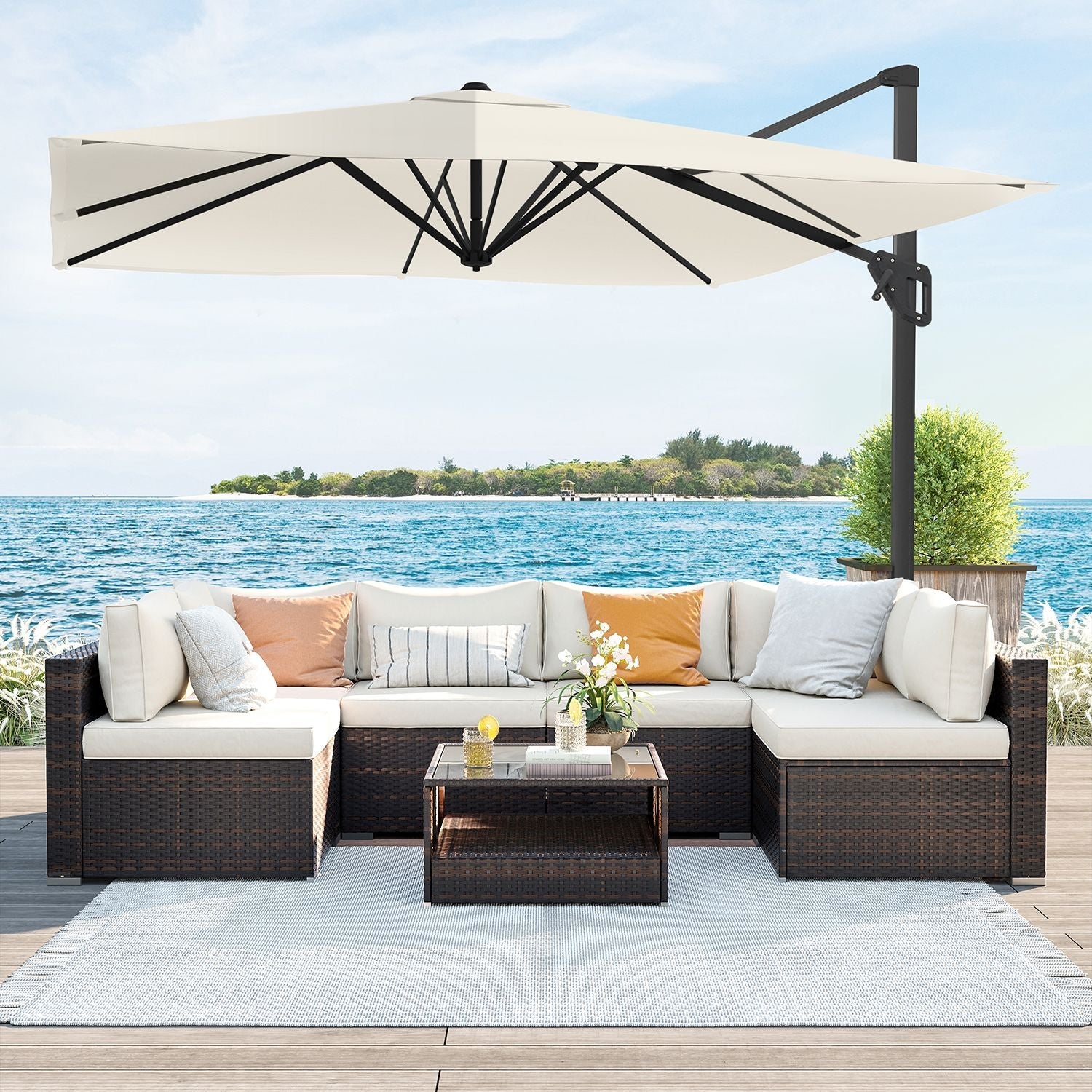 Cantilever Parasol – Fabric – Beige – 3 x 3 m, Offset Design, UPF 50+, 360° Rotation, Adjustable Tilt
