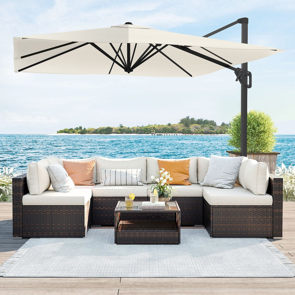 Cantilever Parasol – Fabric – Beige – 3 x 3 m, Offset Design, UPF 50+, 360° Rotation, Adjustable Tilt
