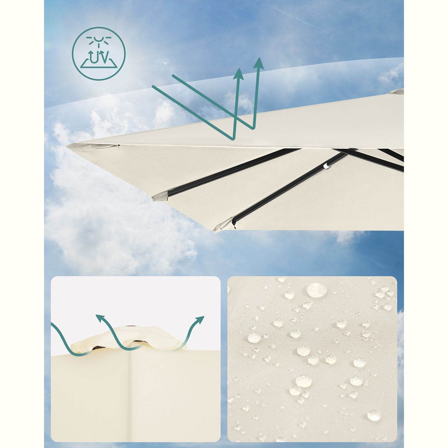 Cantilever Parasol – Fabric – Beige – 3 x 3 m, Offset Design, UPF 50+, 360° Rotation, Adjustable Tilt