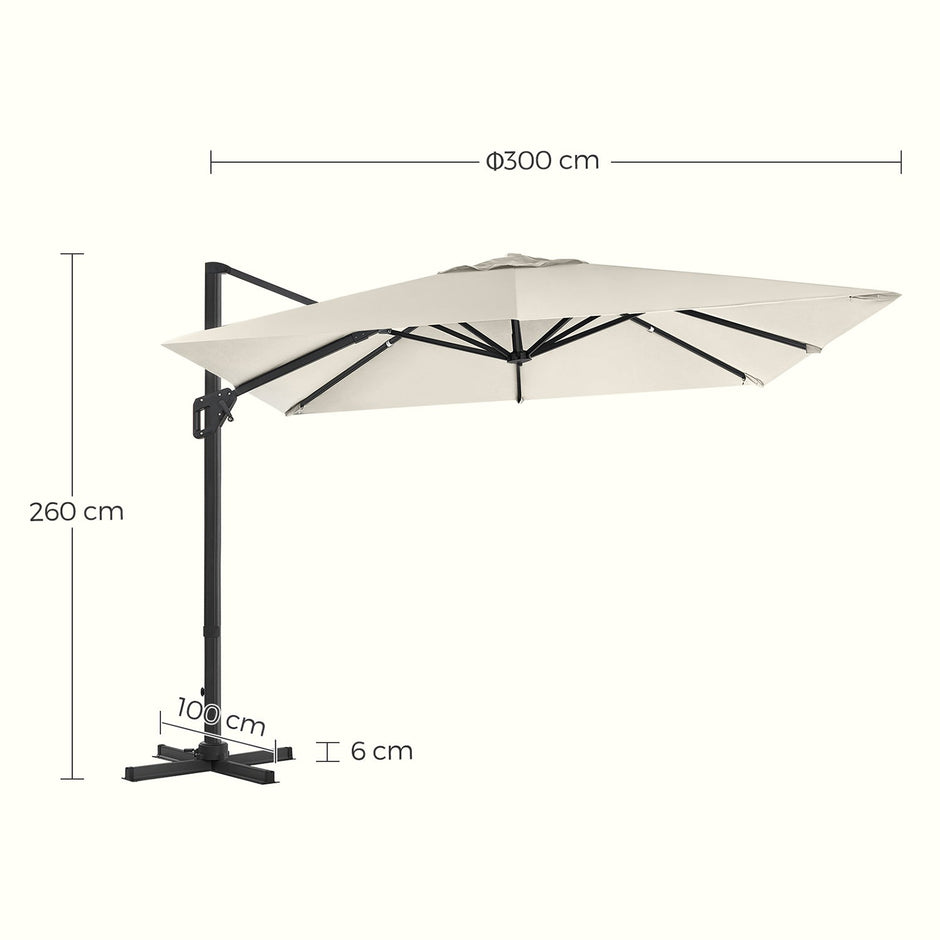 Cantilever Parasol – Fabric – Beige – 3 x 3 m, Offset Design, UPF 50+, 360° Rotation, Adjustable Tilt