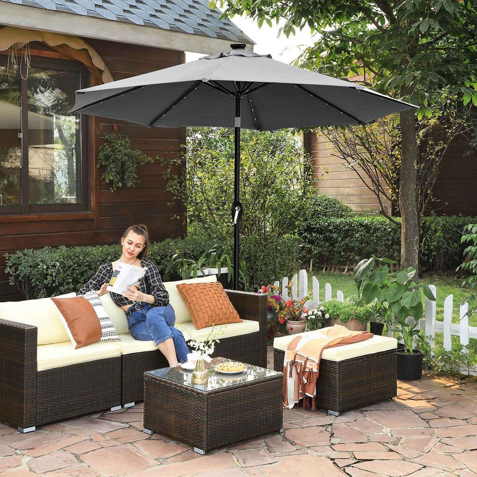 Garden Parasol Umbrella – Fabric – Grey – Solar-Powered LED Lights, UPF 50+ Protection, Tilting Crank Handle
