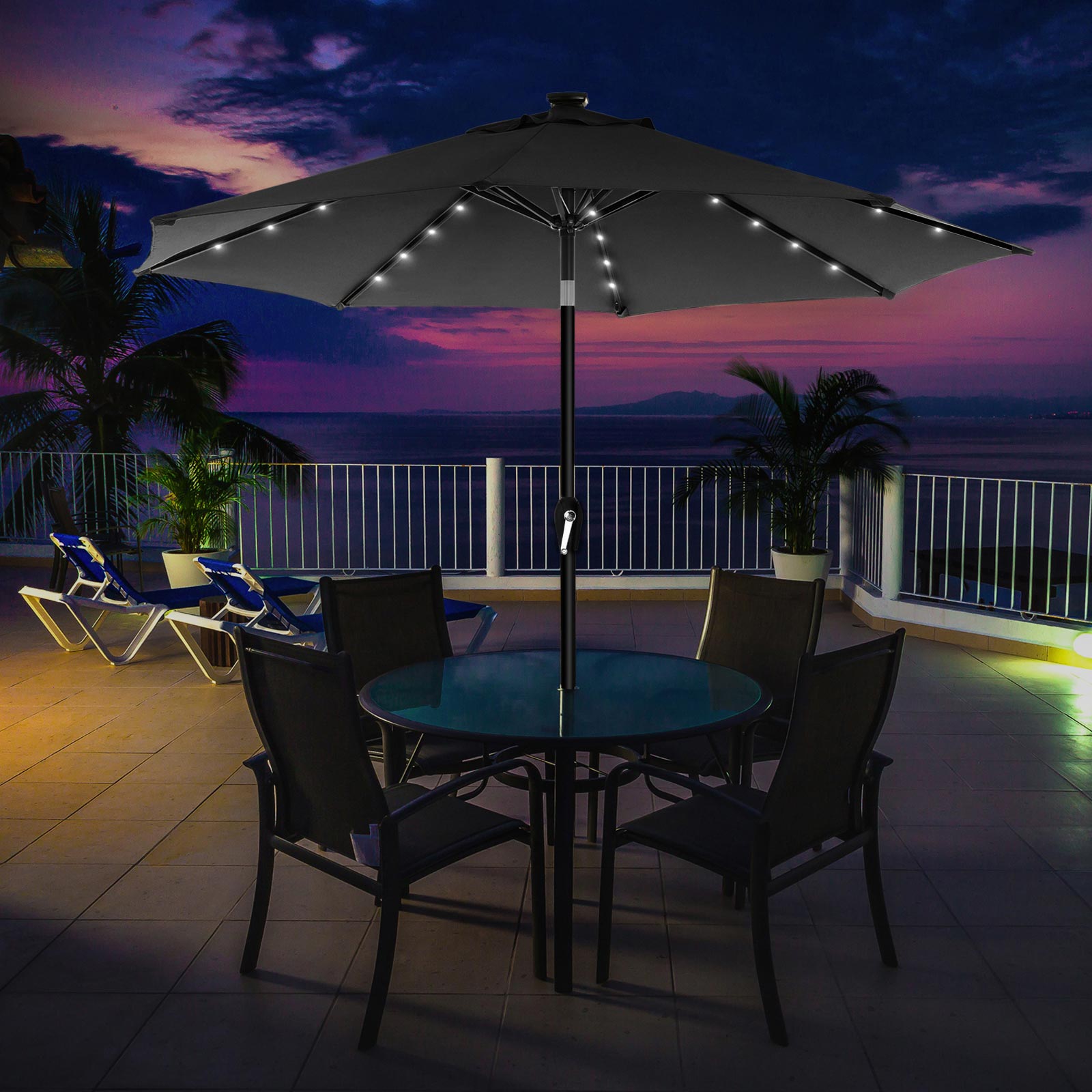 Garden Parasol Umbrella – Fabric – Grey – Solar-Powered LED Lights, UPF 50+ Protection, Tilting Crank Handle