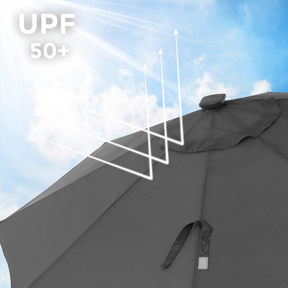 Garden Parasol Umbrella – Fabric – Grey – Solar-Powered LED Lights, UPF 50+ Protection, Tilting Crank Handle