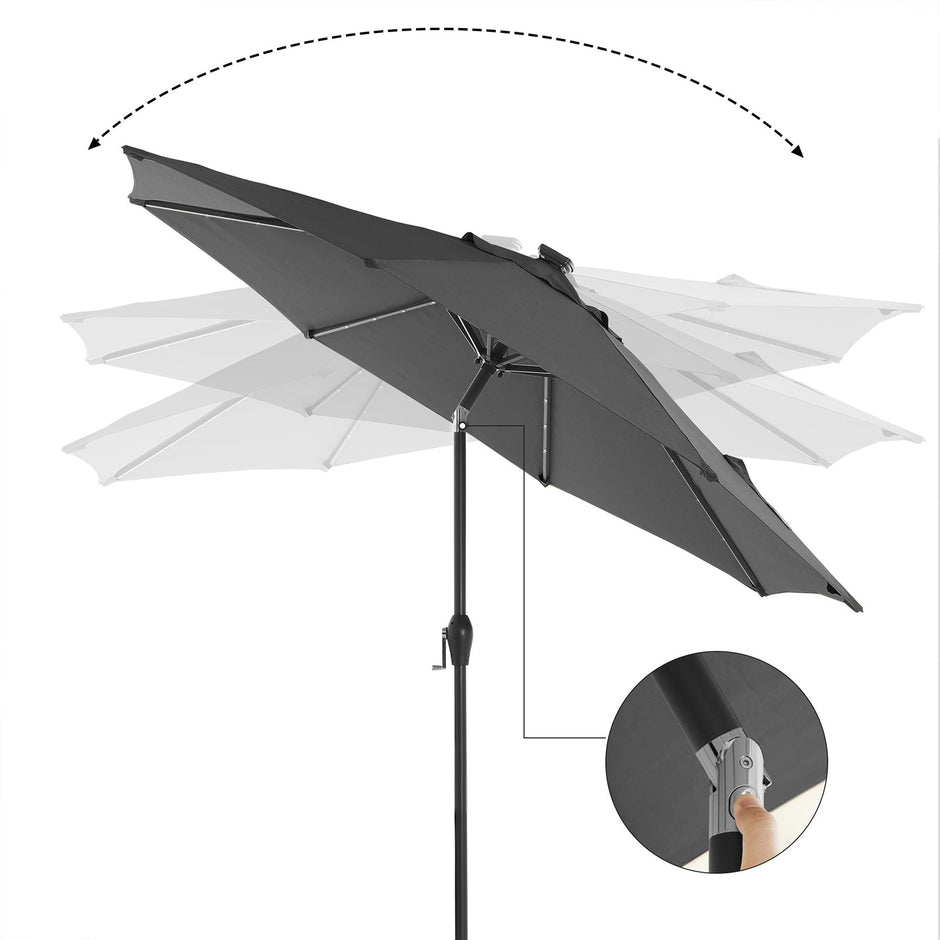 Garden Parasol Umbrella – Fabric – Grey – Solar-Powered LED Lights, UPF 50+ Protection, Tilting Crank Handle