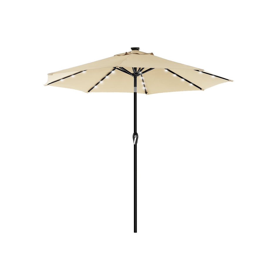 Patio Parasol Umbrella – Polyester – Beige – 2.7 m with Solar-Powered LED Lights, UPF 50+ Protection, Tilting Design