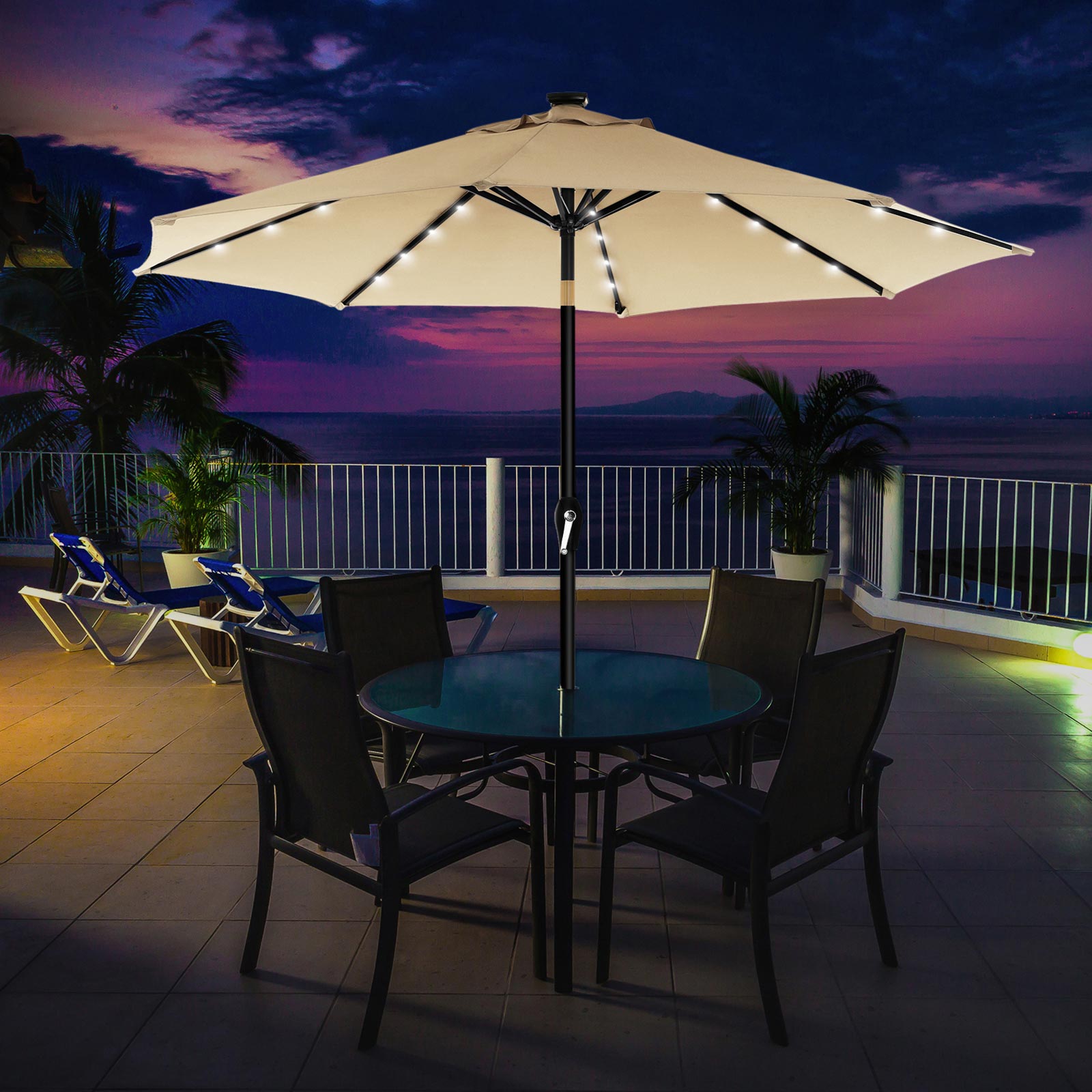 Patio Parasol Umbrella – Polyester – Beige – 2.7 m with Solar-Powered LED Lights, UPF 50+ Protection, Tilting Design