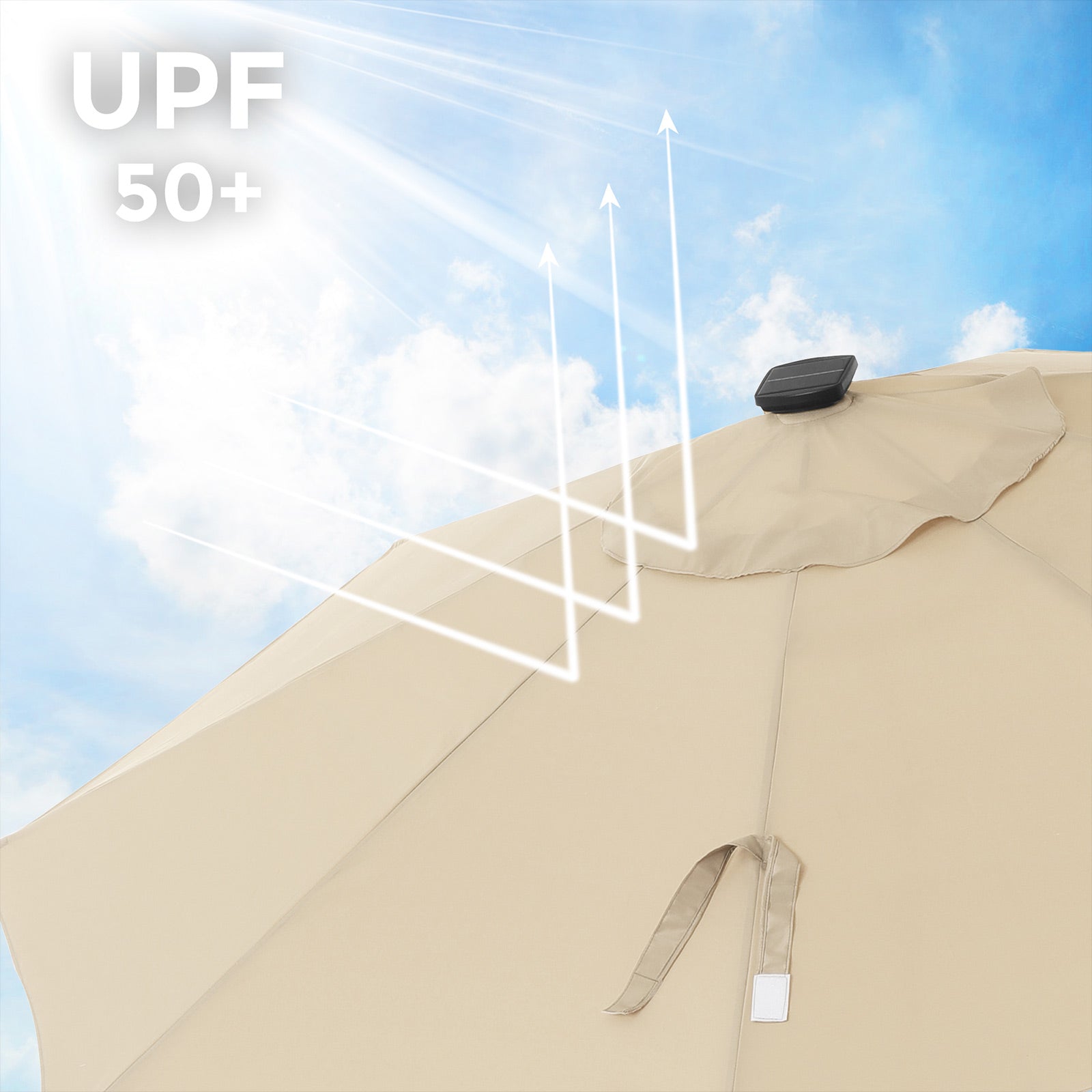 Patio Parasol Umbrella – Polyester – Beige – 2.7 m with Solar-Powered LED Lights, UPF 50+ Protection, Tilting Design