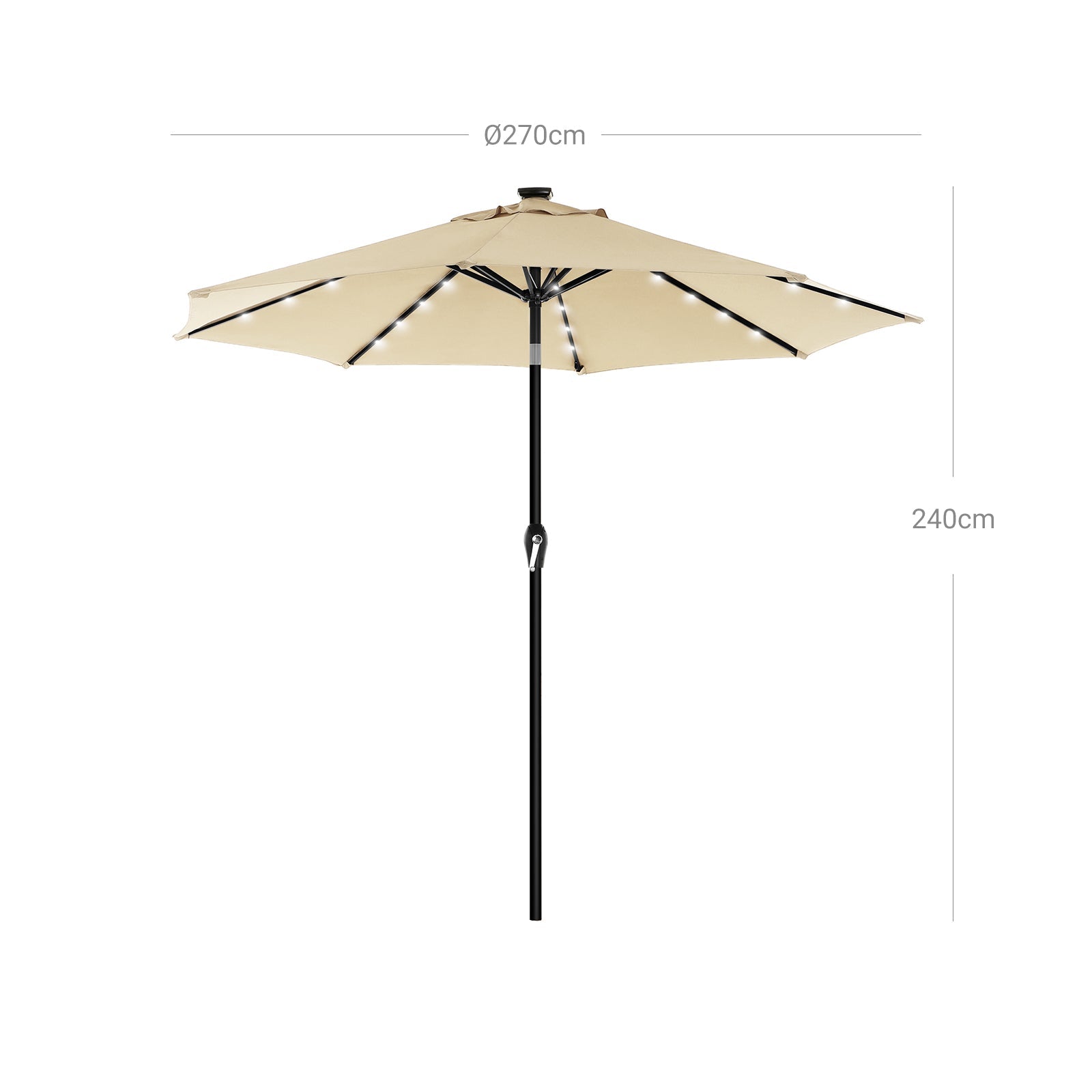 Patio Parasol Umbrella – Polyester – Beige – 2.7 m with Solar-Powered LED Lights, UPF 50+ Protection, Tilting Design