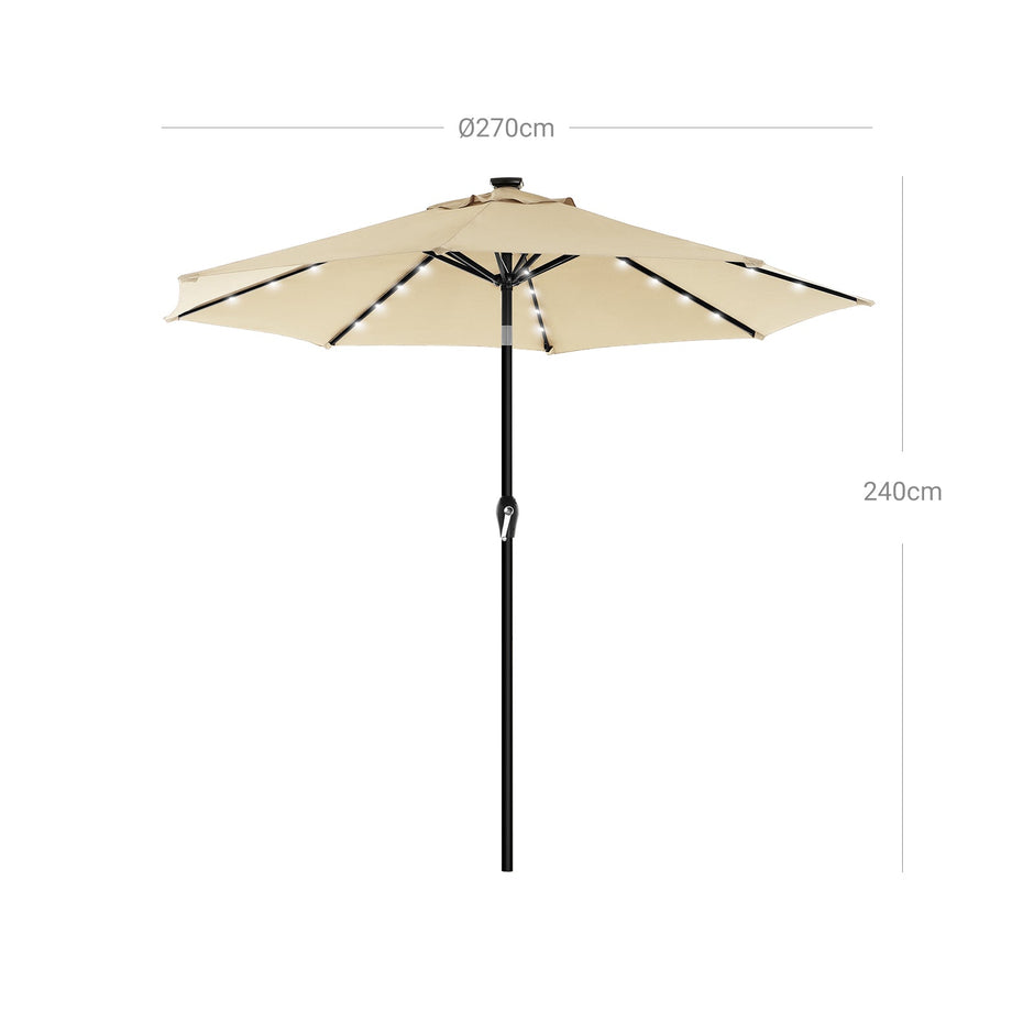 Patio Parasol Umbrella – Polyester – Beige – 2.7 m with Solar-Powered LED Lights, UPF 50+ Protection, Tilting Design
