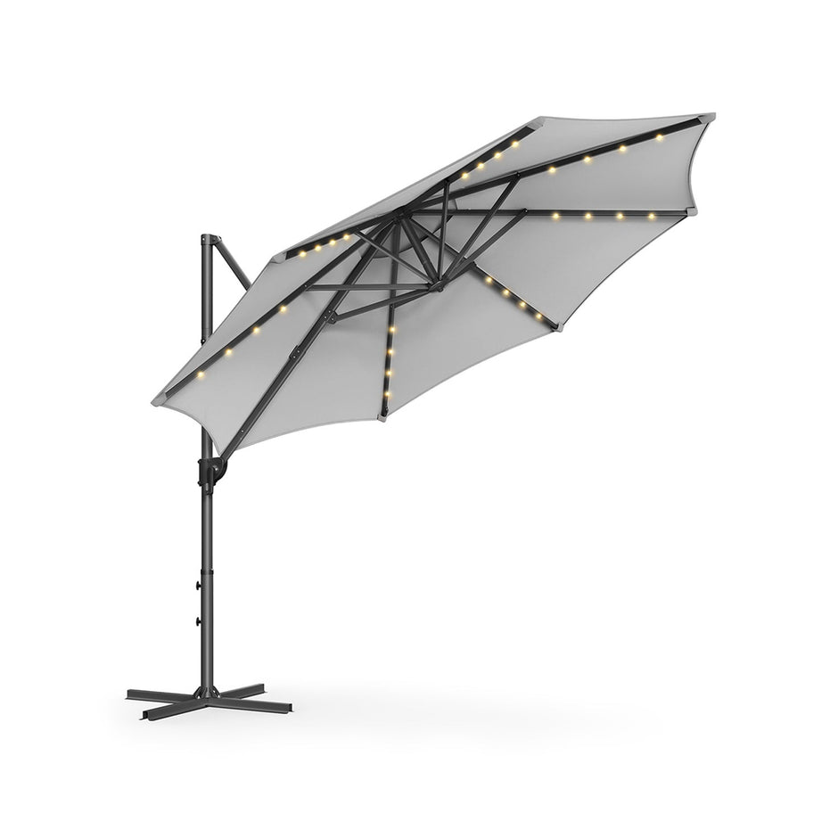 Garden Parasol Umbrella – Fabric – Multicolor – 28 Solar Powered LED Lights, UPF 50+, 360° Swivel, Seamless Tilt, Crank for Opening and Closing