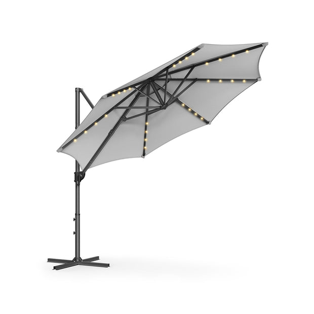 Garden Parasol Umbrella – Fabric – Multicolor – 28 Solar Powered LED Lights, UPF 50+, 360° Swivel, Seamless Tilt, Crank for Opening and Closing