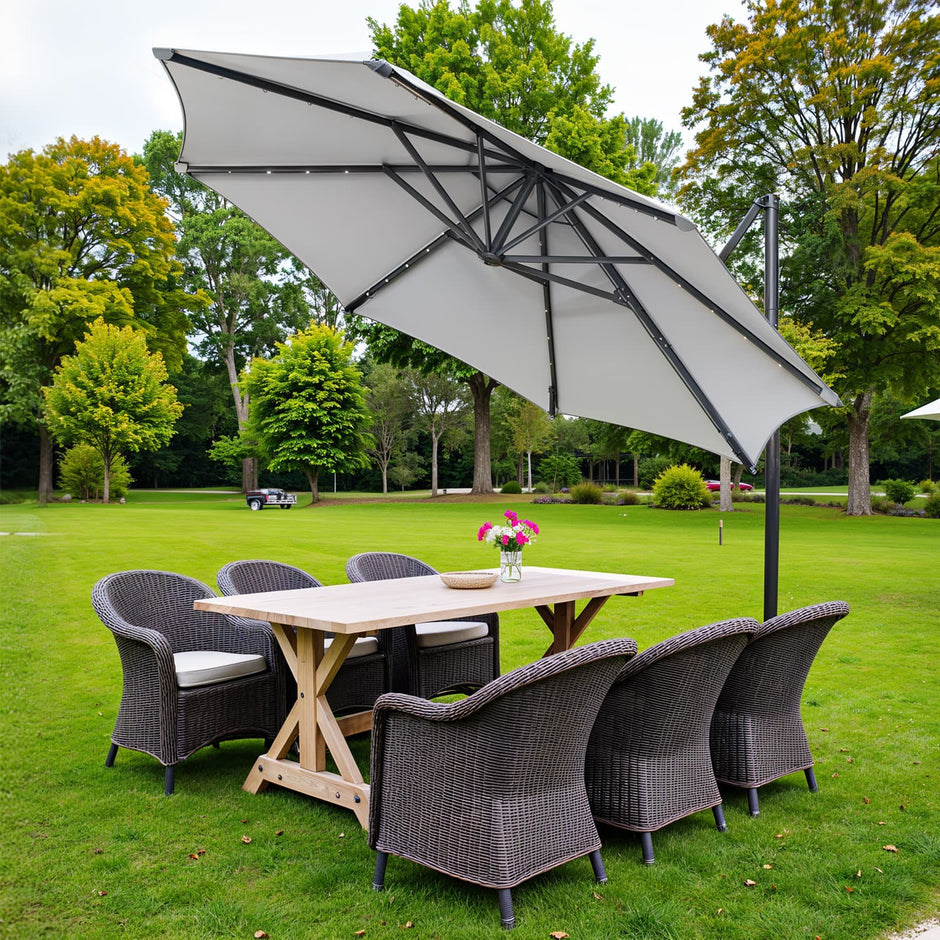 Patio Parasol – Fabric – Dove Grey – 3 m, UPF 50+, 28 Solar Powered LED Lights, 360° Swivel, Tiltable