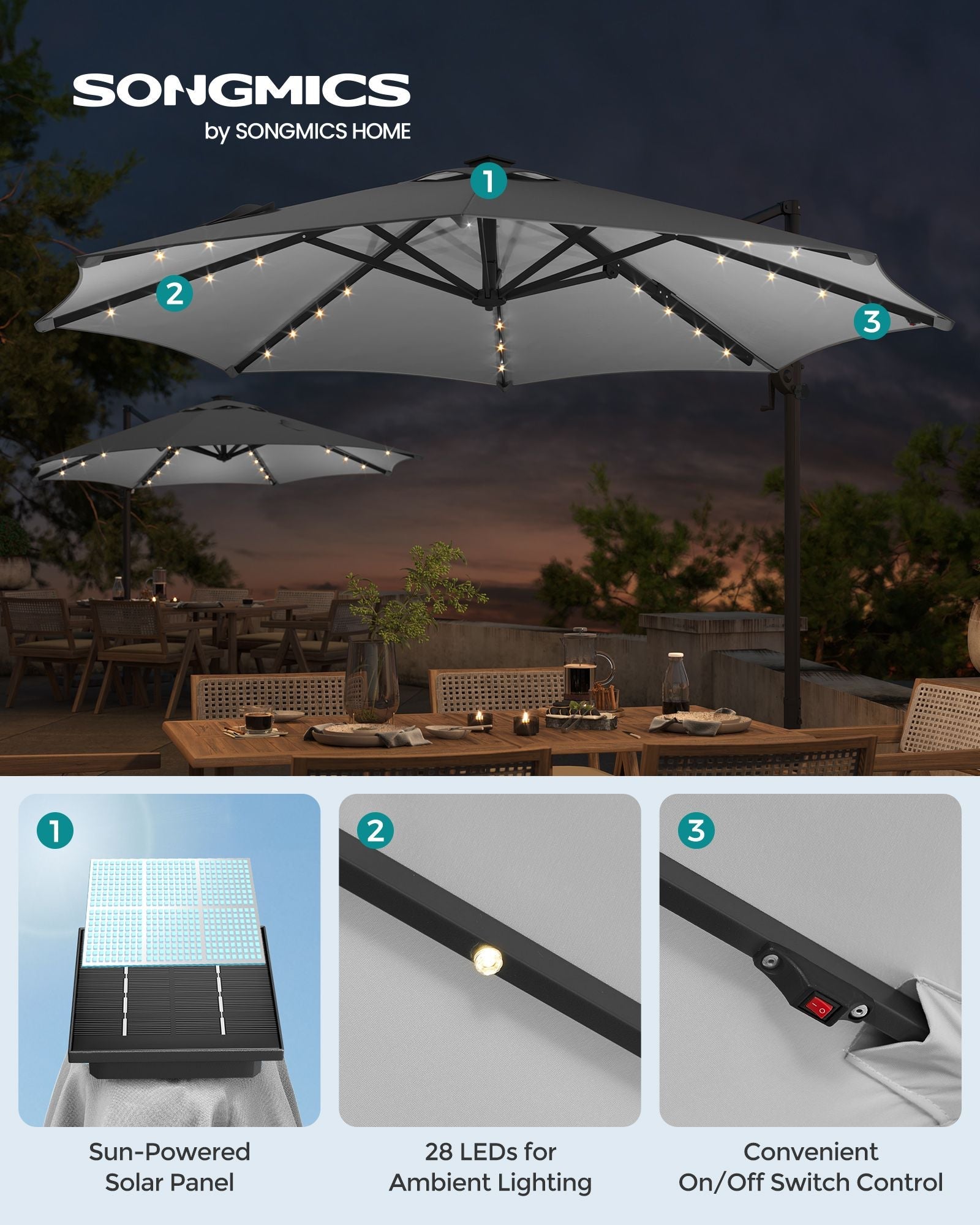 Garden Parasol Umbrella – Fabric – Multicolor – 28 Solar Powered LED Lights, UPF 50+, 360° Swivel, Seamless Tilt, Crank for Opening and Closing