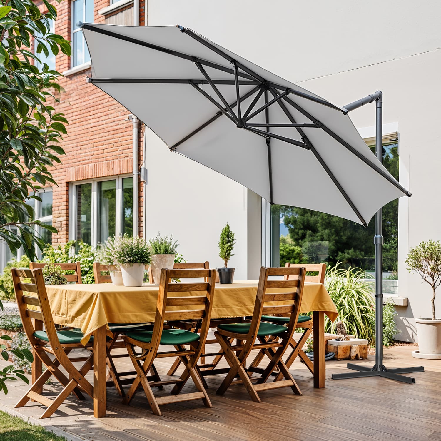 Patio Parasol – Fabric – Dove Grey – 3 m, UPF 50+, 28 Solar Powered LED Lights, 360° Swivel, Tiltable