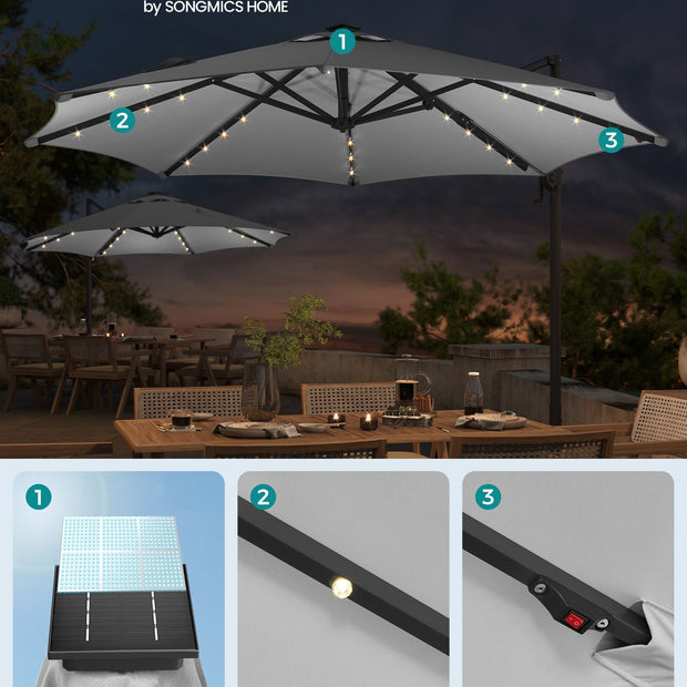 Garden Parasol Umbrella – Fabric – Multicolor – 28 Solar Powered LED Lights, UPF 50+, 360° Swivel, Seamless Tilt, Crank for Opening and Closing