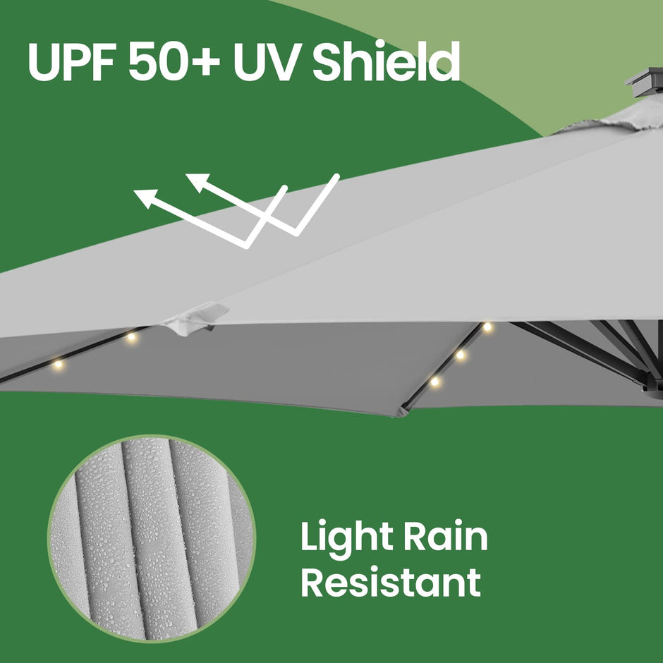 Patio Parasol – Fabric – Dove Grey – 3 m, UPF 50+, 28 Solar Powered LED Lights, 360° Swivel, Tiltable