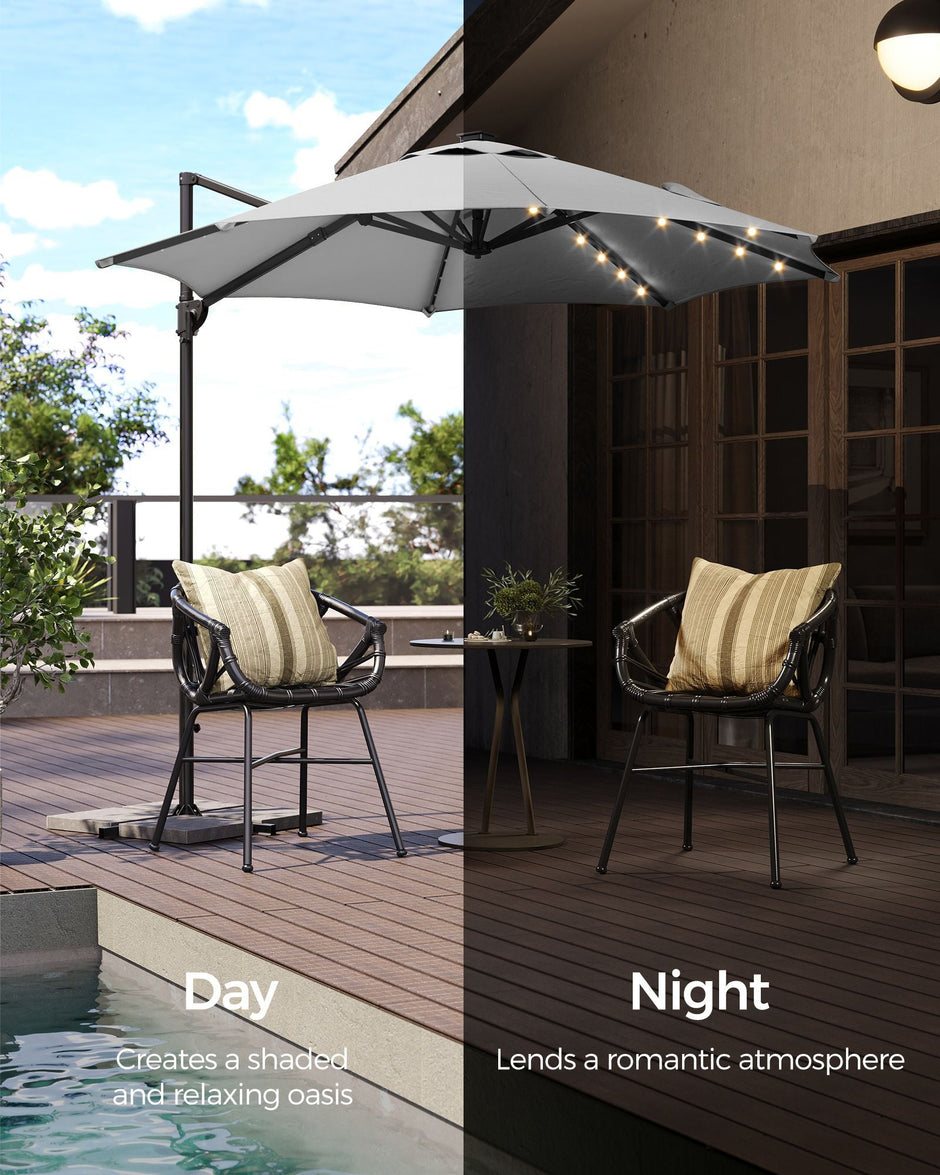 Garden Parasol Umbrella – Fabric – Multicolor – 28 Solar Powered LED Lights, UPF 50+, 360° Swivel, Seamless Tilt, Crank for Opening and Closing