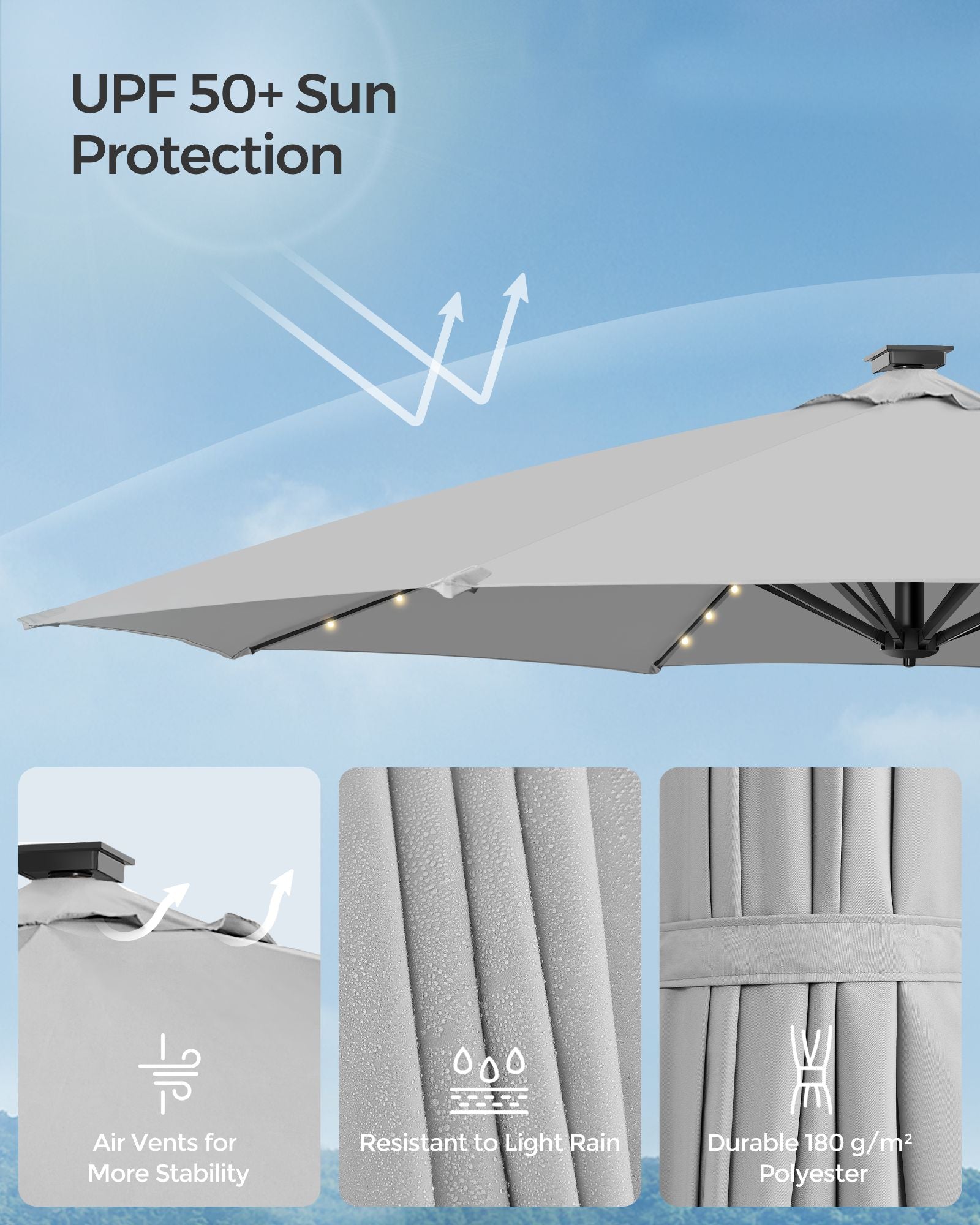 Garden Parasol Umbrella – Fabric – Multicolor – 28 Solar Powered LED Lights, UPF 50+, 360° Swivel, Seamless Tilt, Crank for Opening and Closing