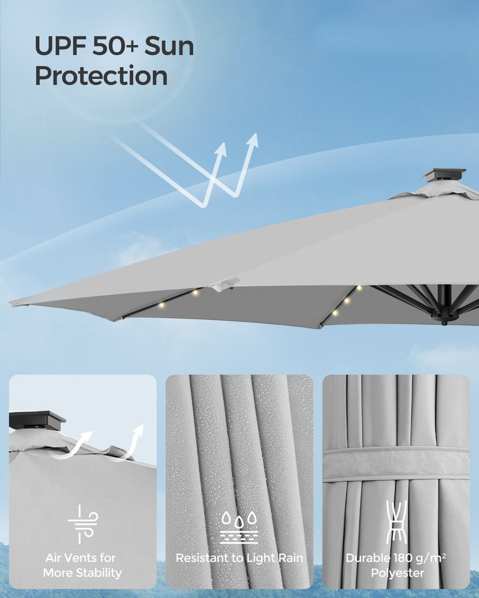 Garden Parasol Umbrella – Fabric – Multicolor – 28 Solar Powered LED Lights, UPF 50+, 360° Swivel, Seamless Tilt, Crank for Opening and Closing