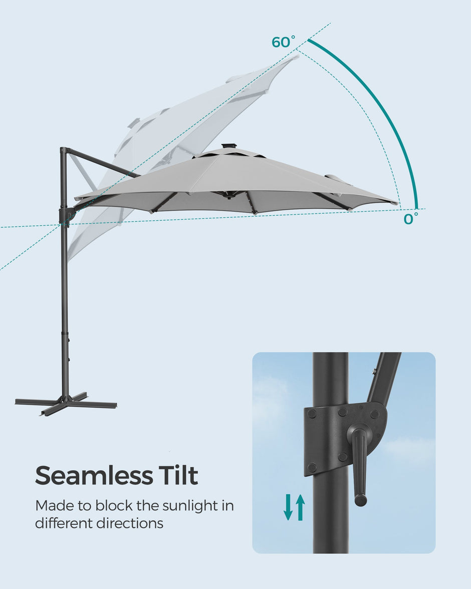 Garden Parasol Umbrella – Fabric – Multicolor – 28 Solar Powered LED Lights, UPF 50+, 360° Swivel, Seamless Tilt, Crank for Opening and Closing