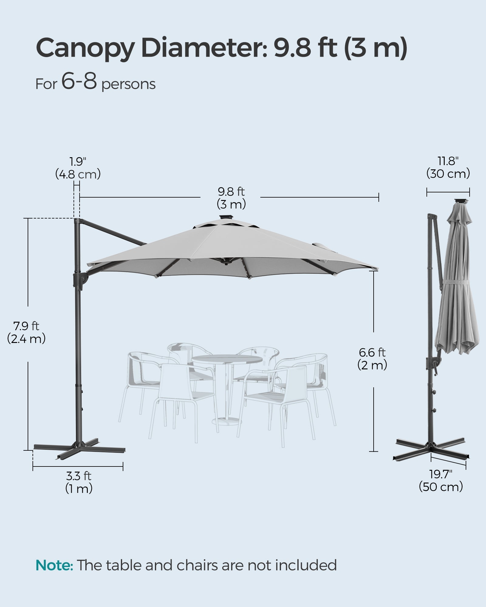 Garden Parasol Umbrella – Fabric – Multicolor – 28 Solar Powered LED Lights, UPF 50+, 360° Swivel, Seamless Tilt, Crank for Opening and Closing