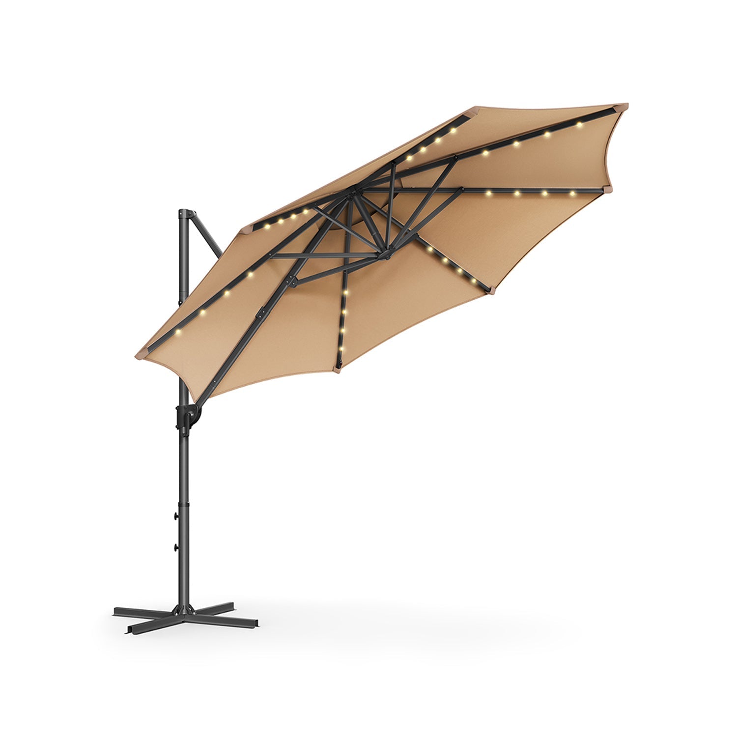 Garden Parasol Umbrella – Fabric – Camel Brown – 3 m, UPF 50+, Solar Powered LED Lights, 360° Swivel, Seamless Tilt, Crank Opening