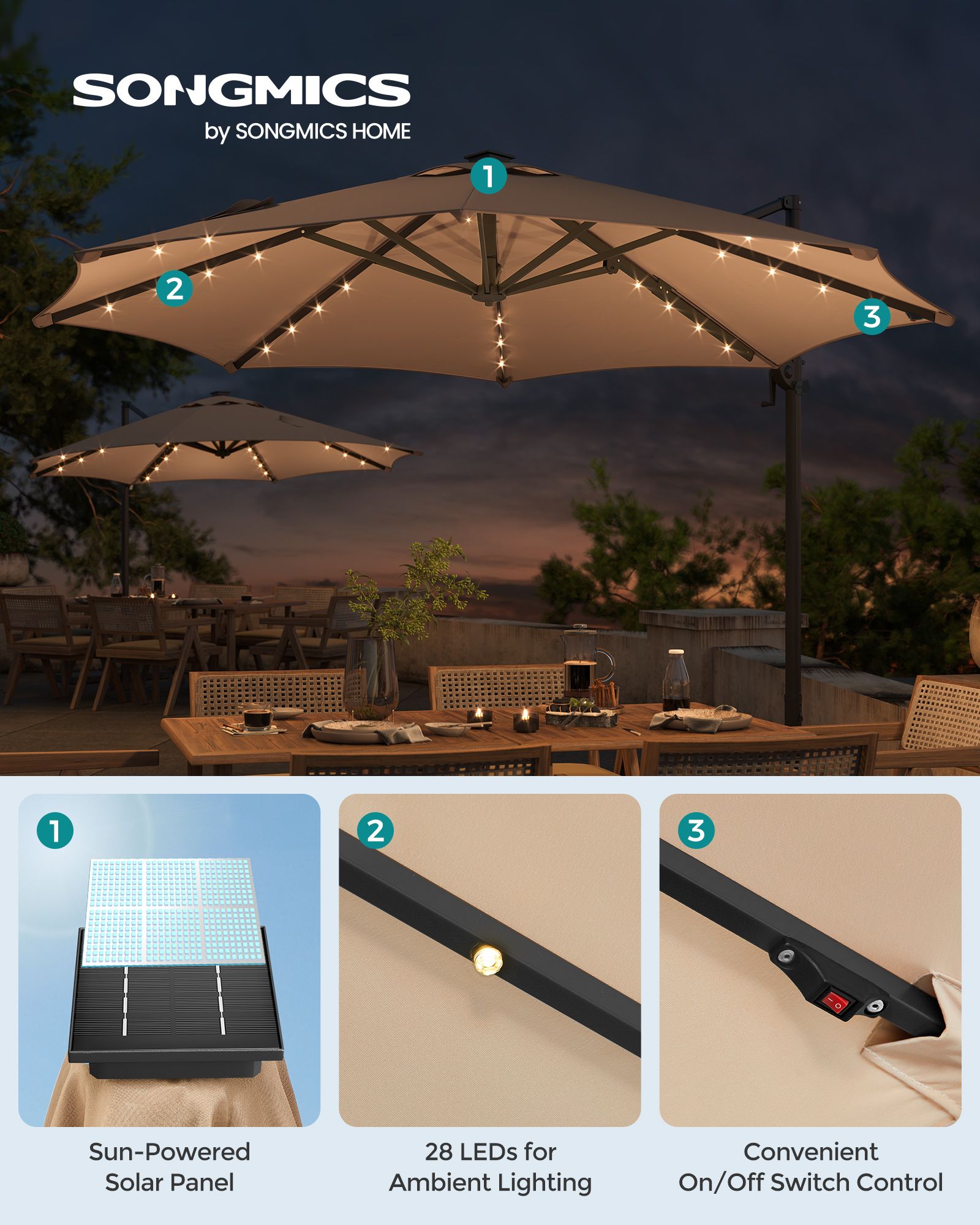 Garden Parasol Umbrella – Fabric – Camel Brown – 3 m, UPF 50+, Solar Powered LED Lights, 360° Swivel, Seamless Tilt, Crank Opening