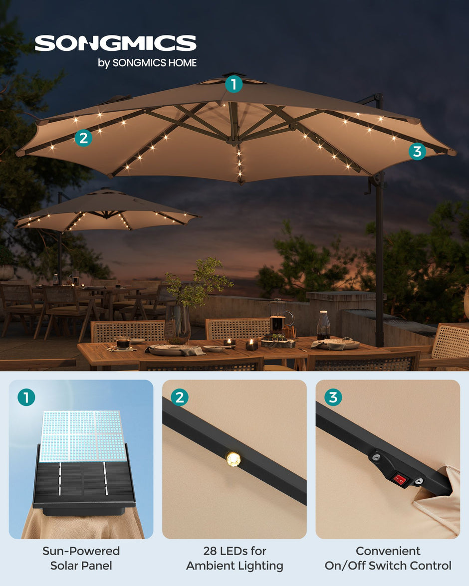 Garden Parasol Umbrella – Fabric – Camel Brown – 3 m, UPF 50+, Solar Powered LED Lights, 360° Swivel, Seamless Tilt, Crank Opening
