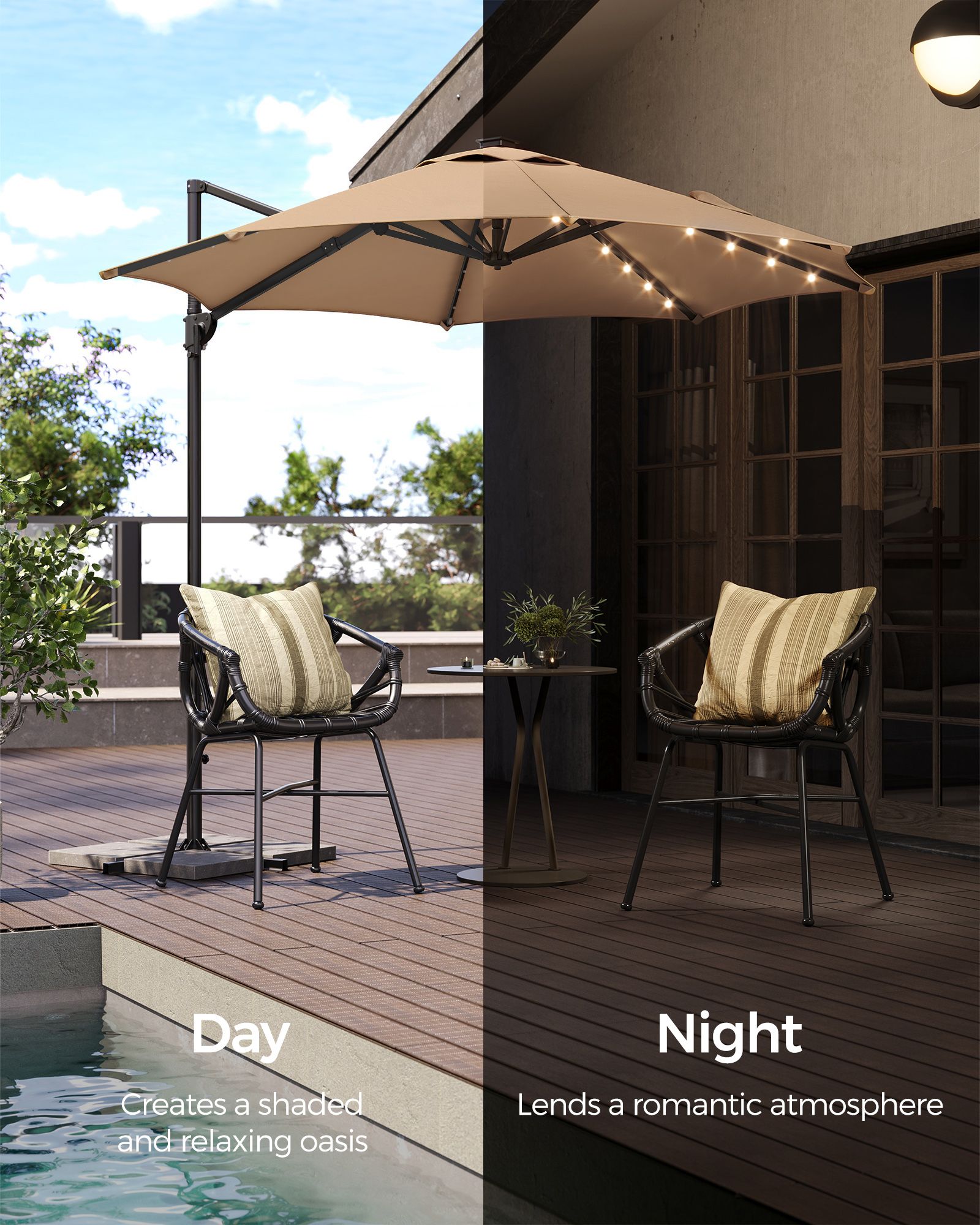 Garden Parasol Umbrella – Fabric – Camel Brown – 3 m, UPF 50+, Solar Powered LED Lights, 360° Swivel, Seamless Tilt, Crank Opening