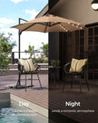 Garden Parasol Umbrella – Fabric – Camel Brown – 3 m, UPF 50+, Solar Powered LED Lights, 360° Swivel, Seamless Tilt, Crank Opening