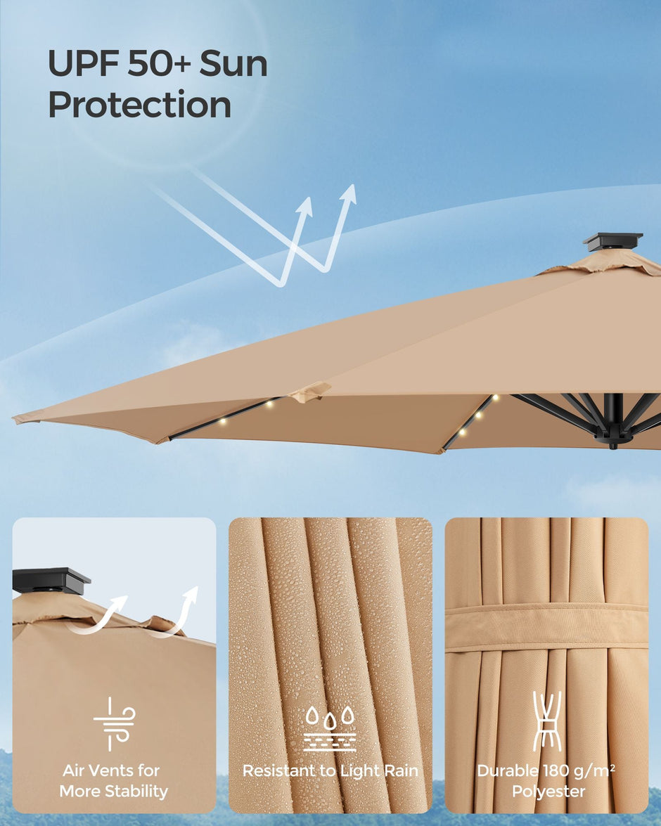 Garden Parasol Umbrella – Fabric – Camel Brown – 3 m, UPF 50+, Solar Powered LED Lights, 360° Swivel, Seamless Tilt, Crank Opening